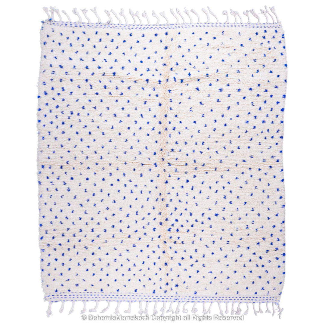 Large white Moroccan Beni Ourain rug with blue dots, handwoven wool, traditional Moroccan carpet, 8x10, perfect for modern decor.