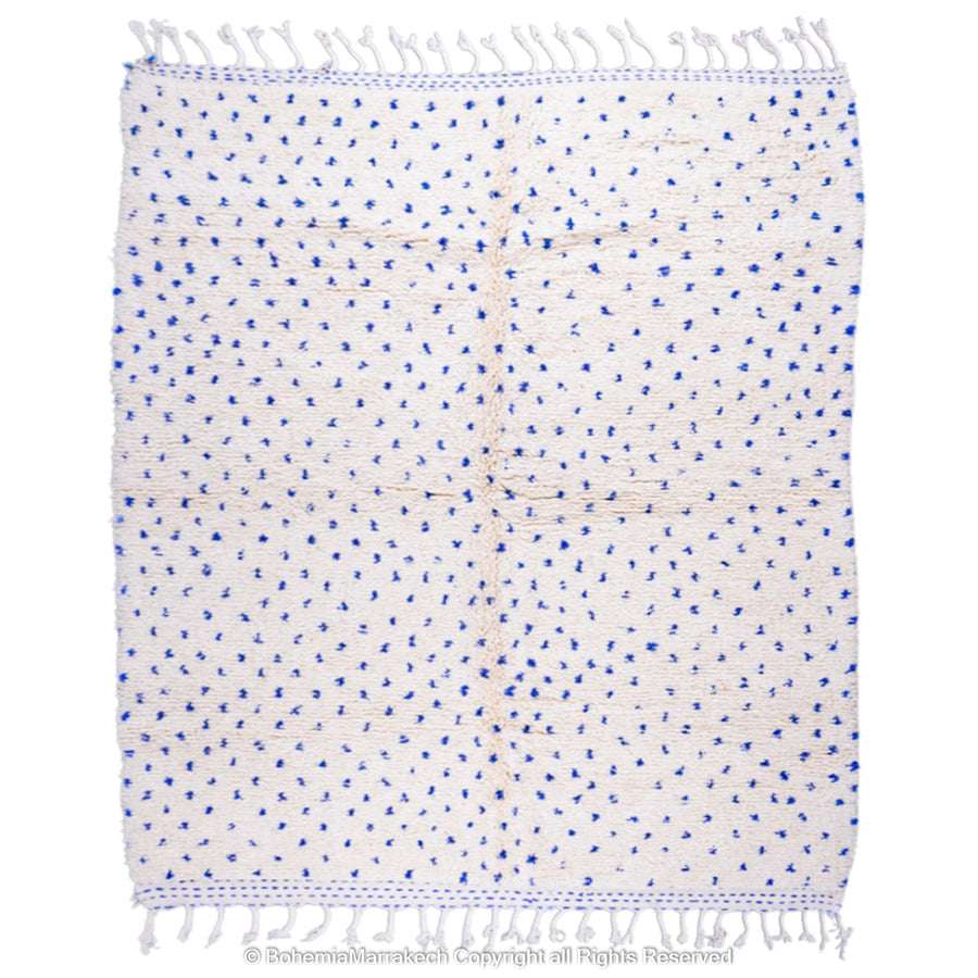 Large white Moroccan Beni Ourain rug with blue dots, handwoven wool, traditional Moroccan carpet, 8x10, perfect for modern decor.