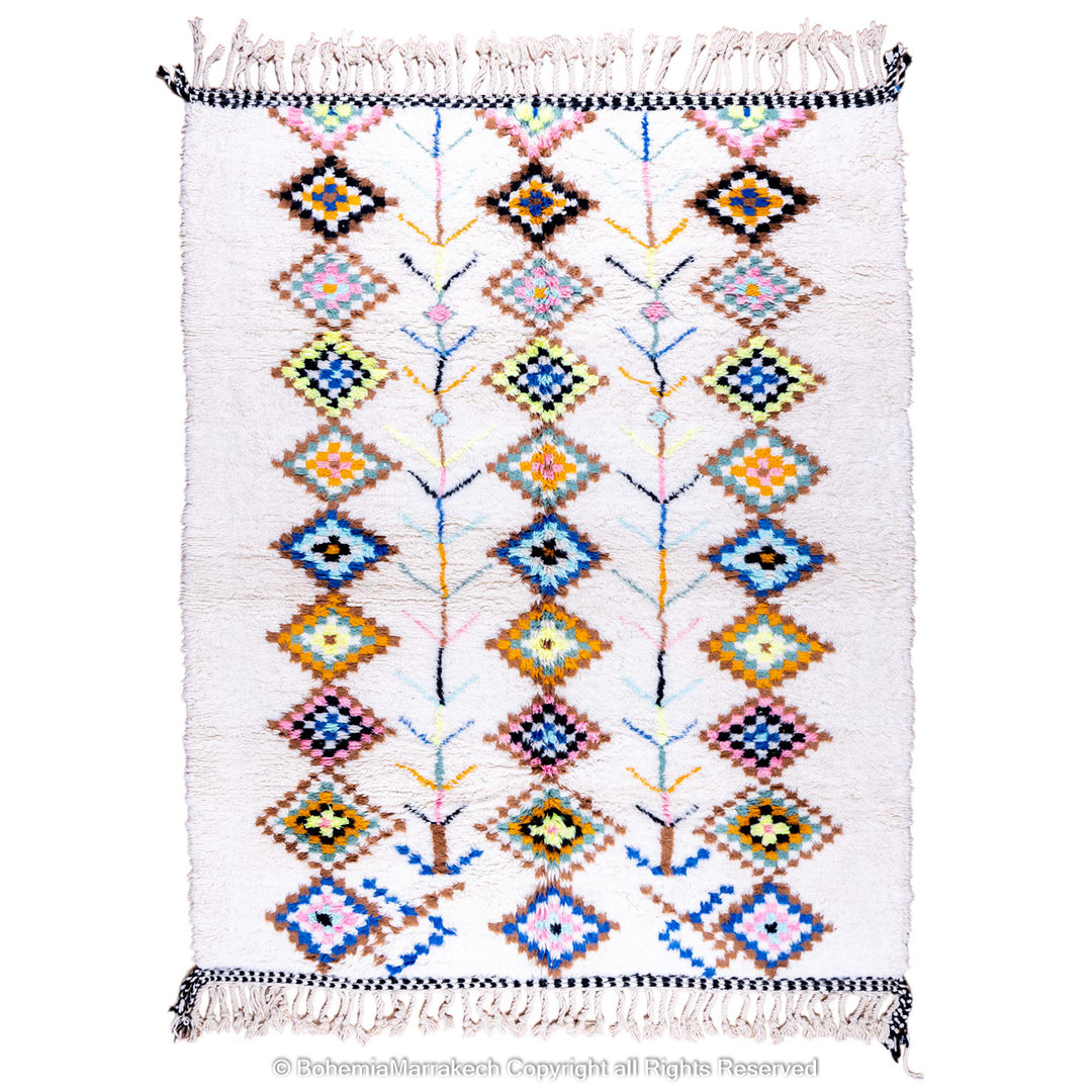 Large Beni Ourain Moroccan rug with colorful diamond motifs on white wool background – handmade Berber shag carpet