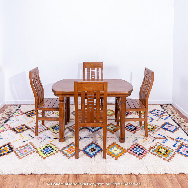 Large Beni Ourain Moroccan rug with colorful diamond motifs on white wool background – handmade Berber shag carpet