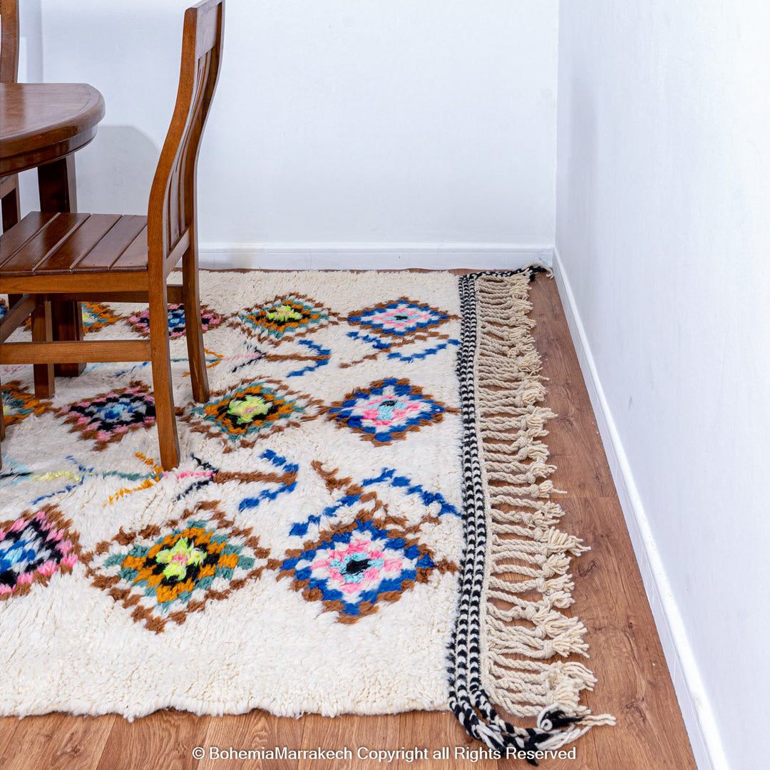 Large Beni Ourain Moroccan rug with colorful diamond motifs on white wool background – handmade Berber shag carpet