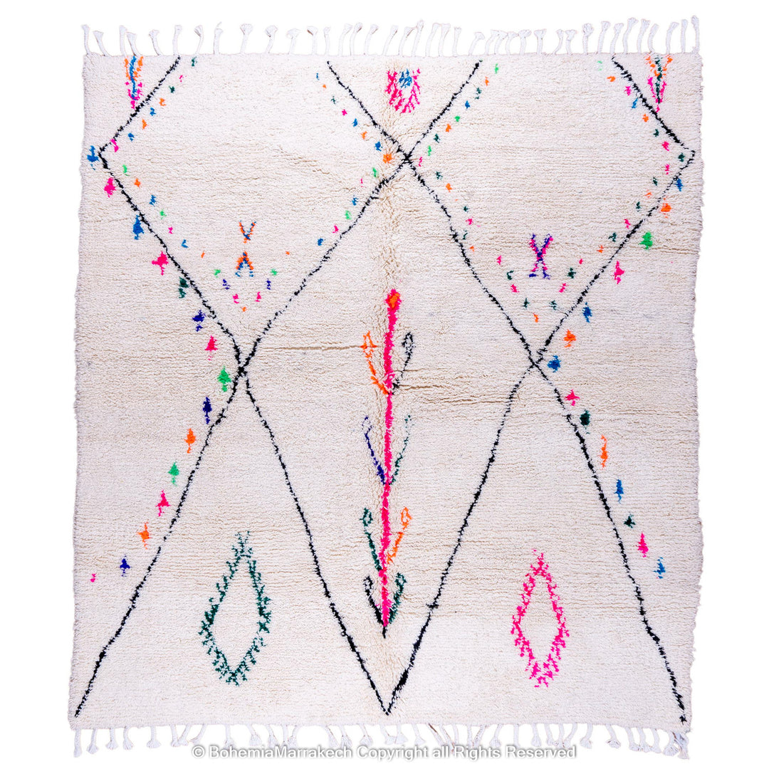 Colorful Beni Ourain rug with checkered tribal patterns on white wool background – handmade Moroccan rug