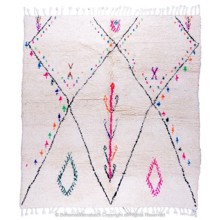 Colorful Beni Ourain rug with checkered tribal patterns on white wool background – handmade Moroccan rug