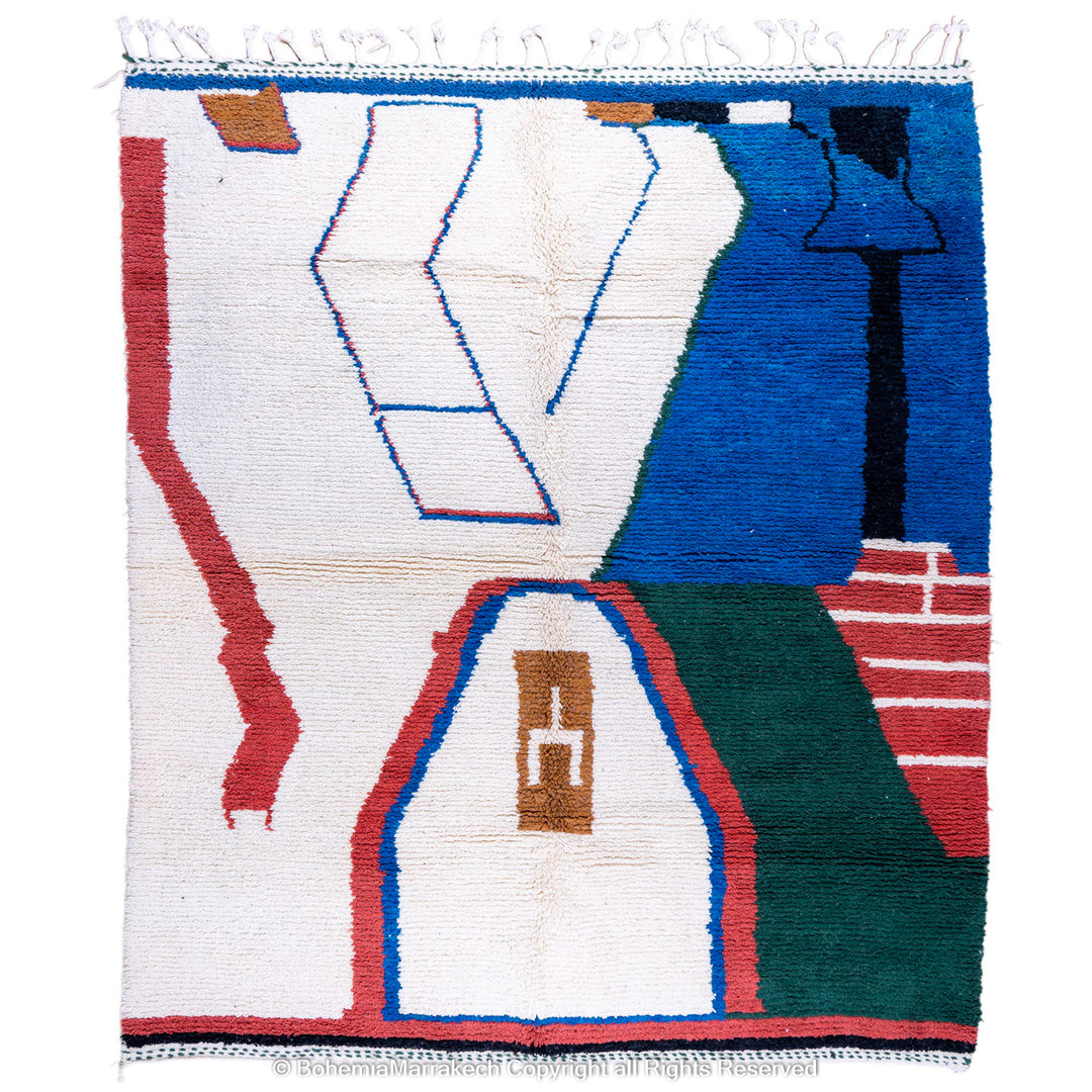 Handmade colorful Beni Ourain Moroccan wool rug with checkered and abstract patterns