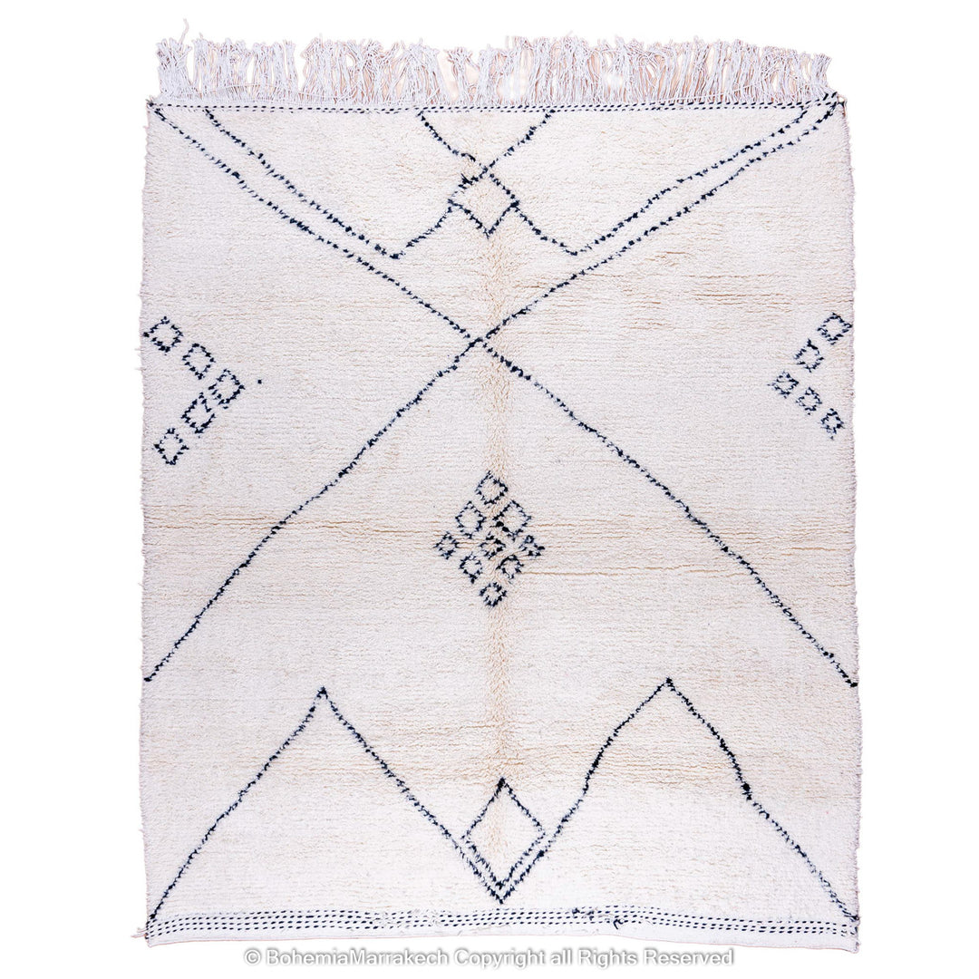 Minimalist Moroccan Beni Ourain rug in black and white wool with hand-knotted tribal motifs