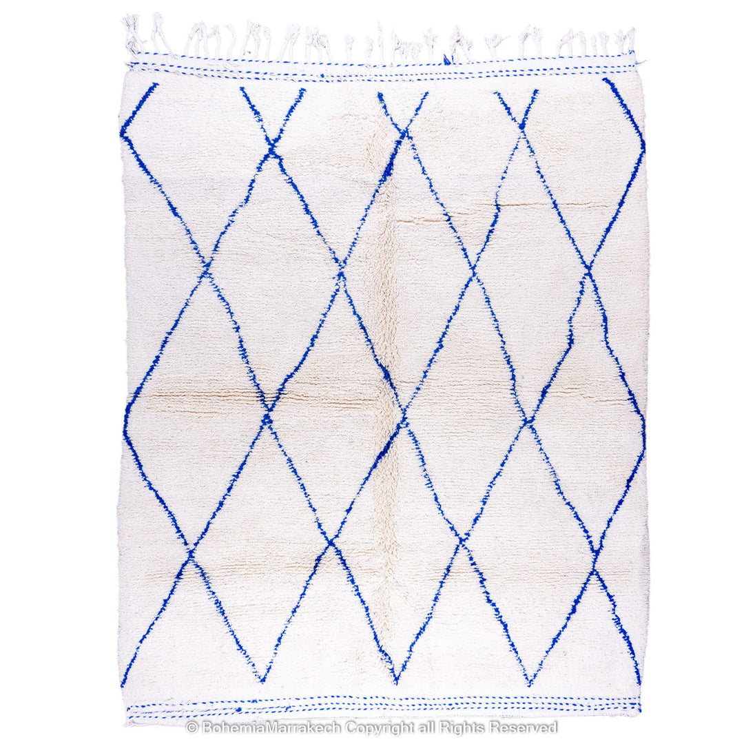 Large Beni Ourain Moroccan wool rug with blue diamond pattern on white background – handmade by Berber artisans