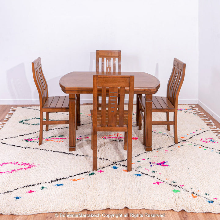 Colorful Beni Ourain rug with checkered tribal patterns on white wool background – handmade Moroccan rug