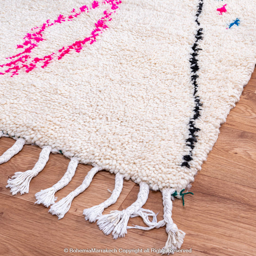 Colorful Beni Ourain rug with checkered tribal patterns on white wool background – handmade Moroccan rug