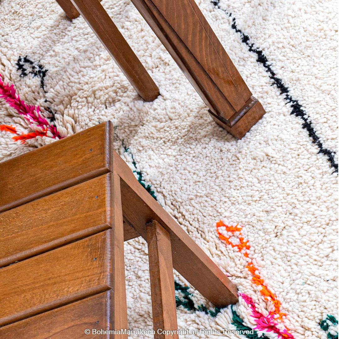 Colorful Beni Ourain rug with checkered tribal patterns on white wool background – handmade Moroccan rug