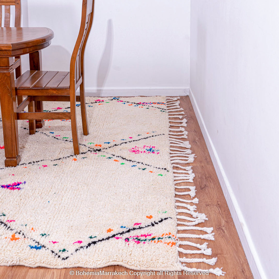 Colorful Beni Ourain rug with checkered tribal patterns on white wool background – handmade Moroccan rug