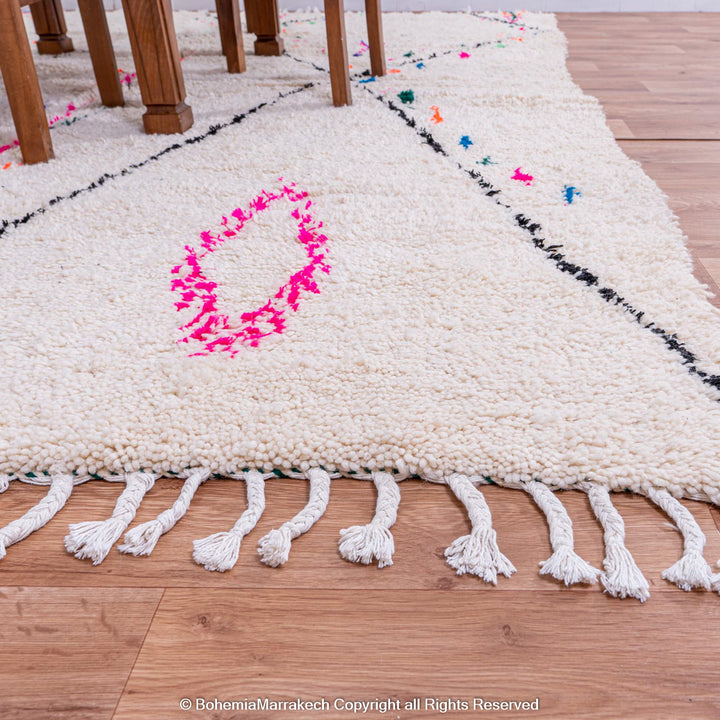 Colorful Beni Ourain rug with checkered tribal patterns on white wool background – handmade Moroccan rug