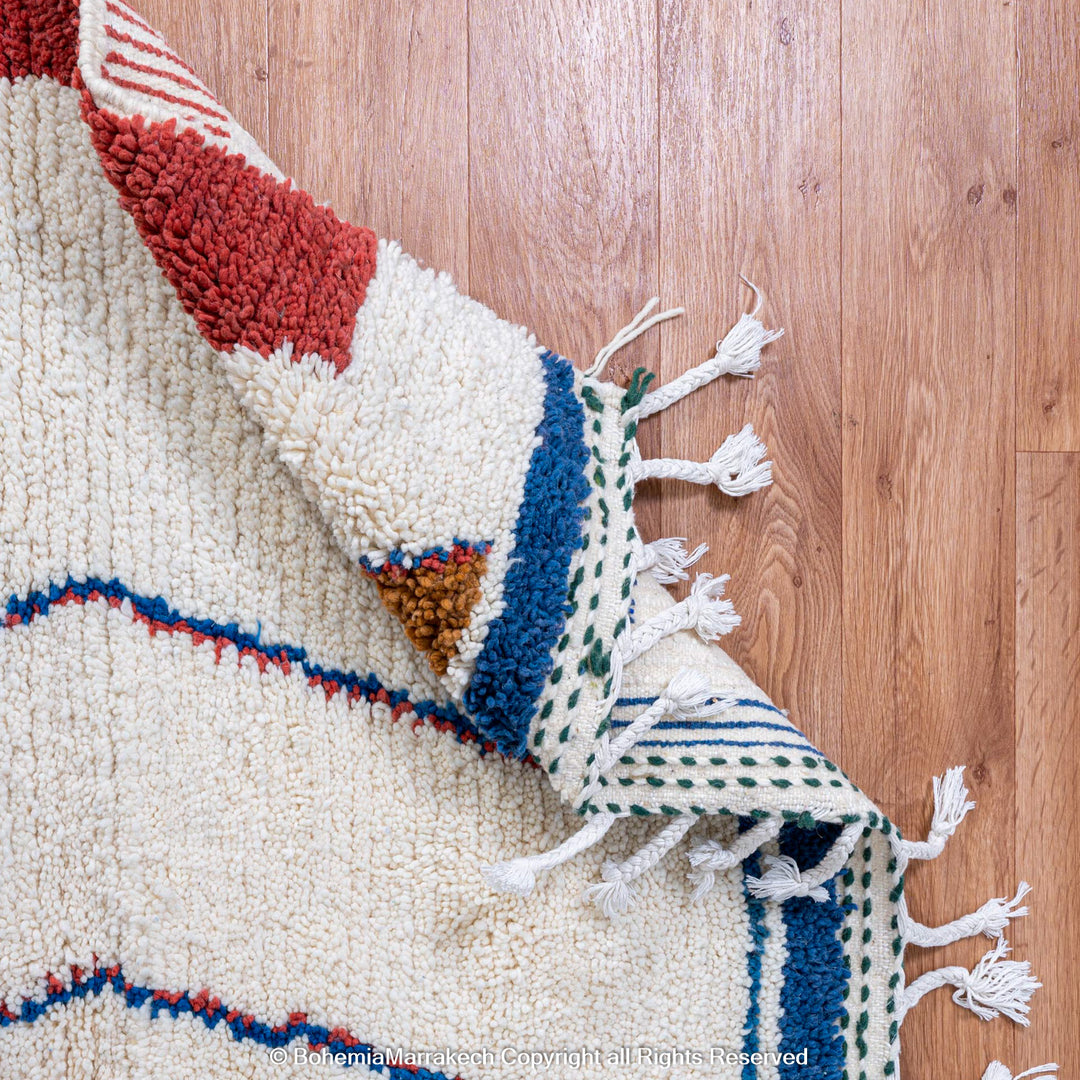 Handmade colorful Beni Ourain Moroccan wool rug with checkered and abstract patterns