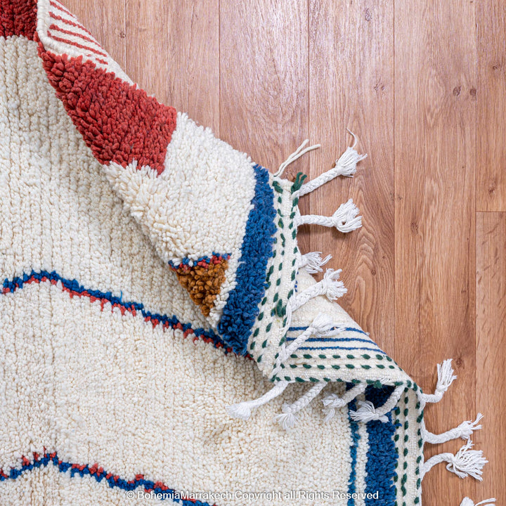 Handmade colorful Beni Ourain Moroccan wool rug with checkered and abstract patterns