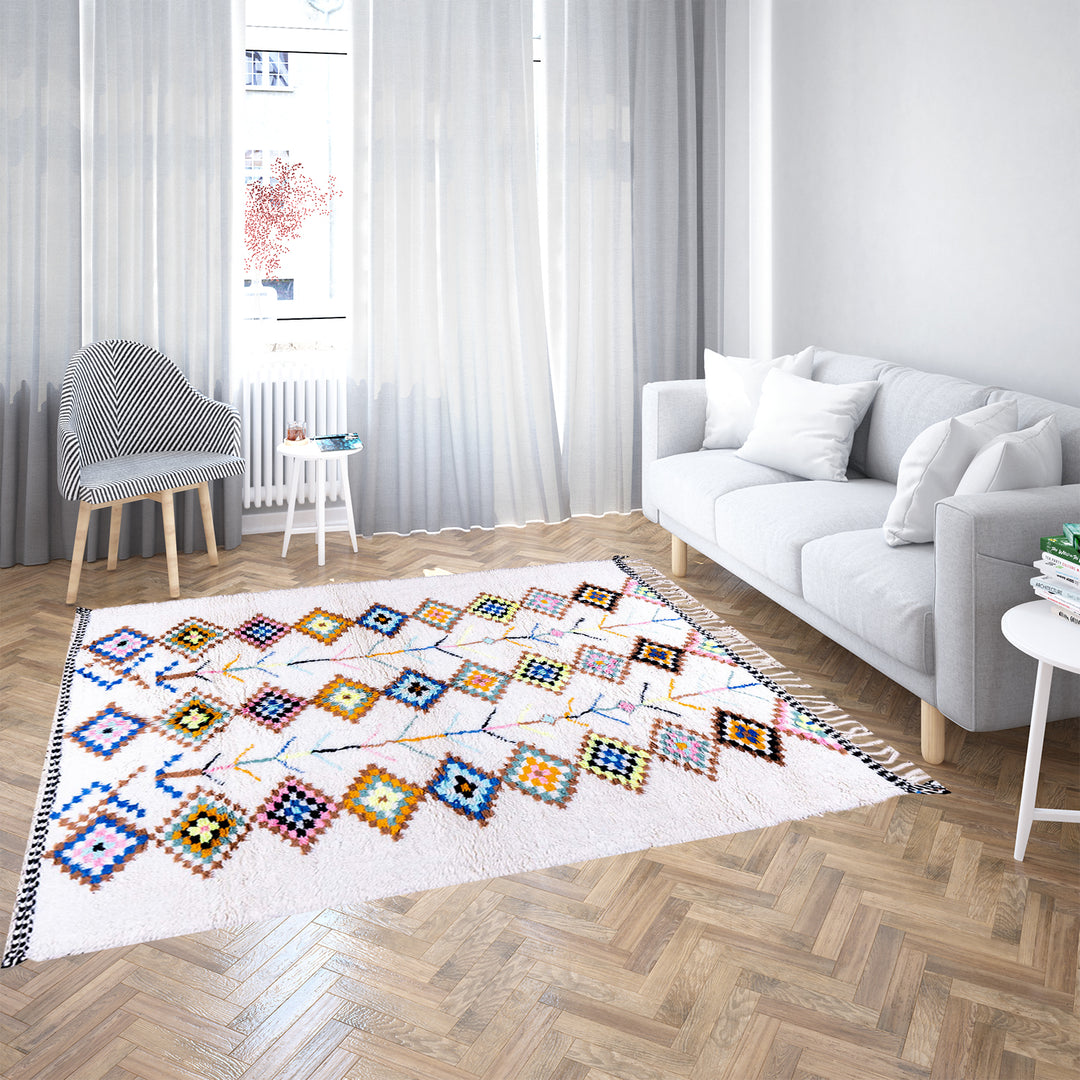 Large Beni Ourain Moroccan rug with colorful diamond motifs on white wool background – handmade Berber shag carpet