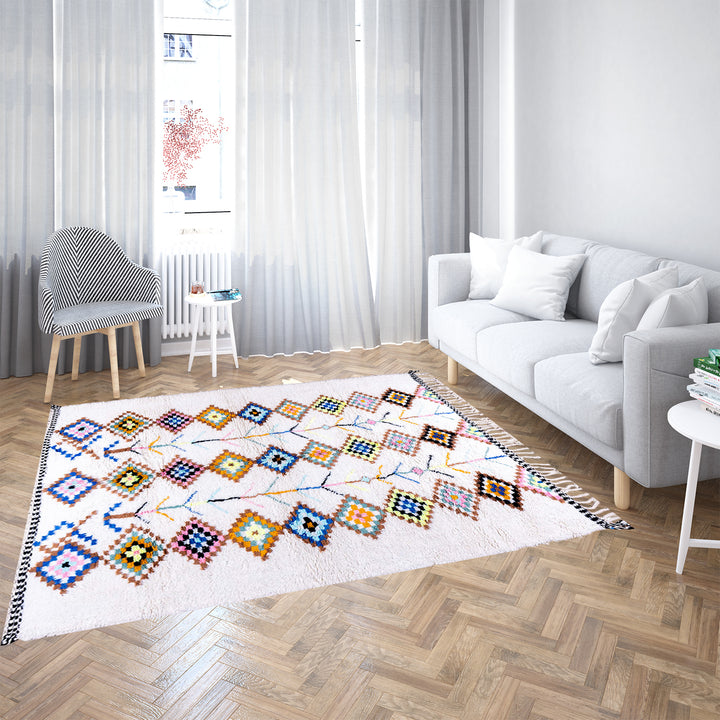 Large Beni Ourain Moroccan rug with colorful diamond motifs on white wool background – handmade Berber shag carpet