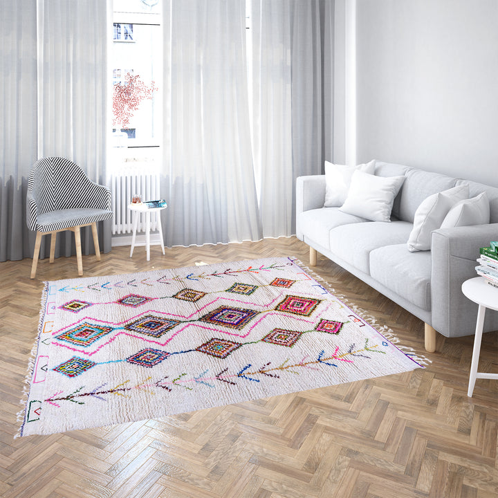 Colorful handmade Moroccan rug with Beni Ourain checkered diamond pattern