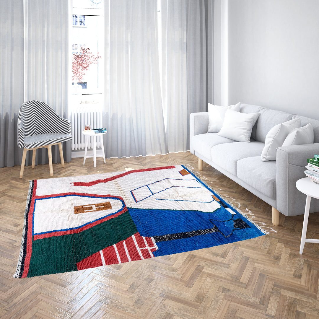 Handmade colorful Beni Ourain Moroccan wool rug with checkered and abstract patterns