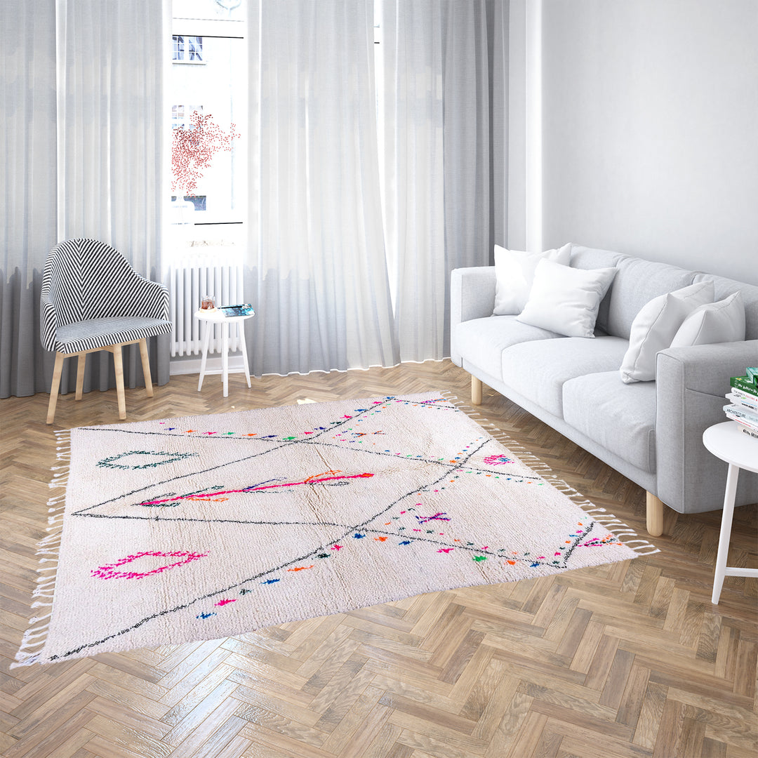 Colorful Beni Ourain rug with checkered tribal patterns on white wool background – handmade Moroccan rug