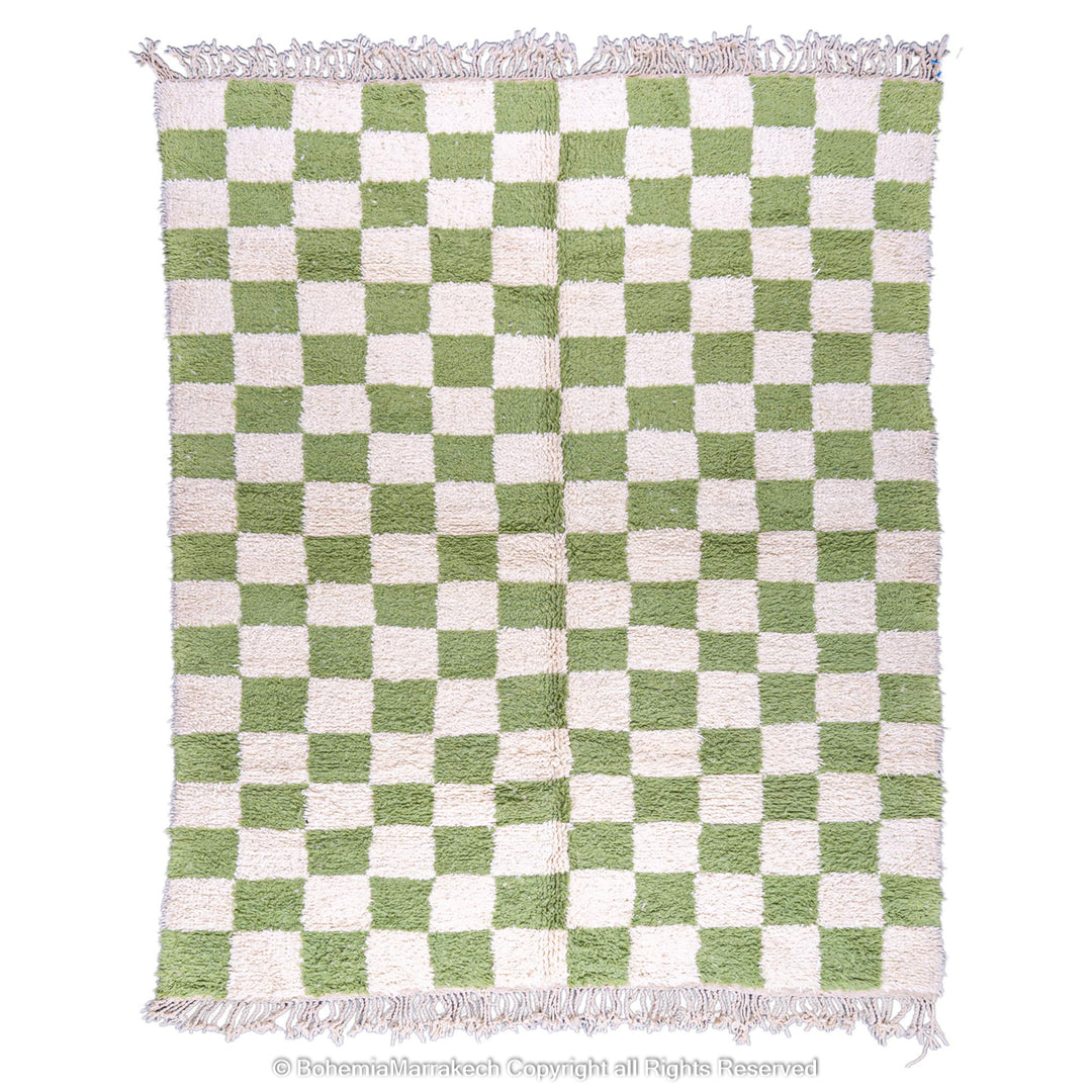Green and white checkered Moroccan wool rug, handmade by Berber artisans. Perfect for living spaces, blending vintage and modern styles.