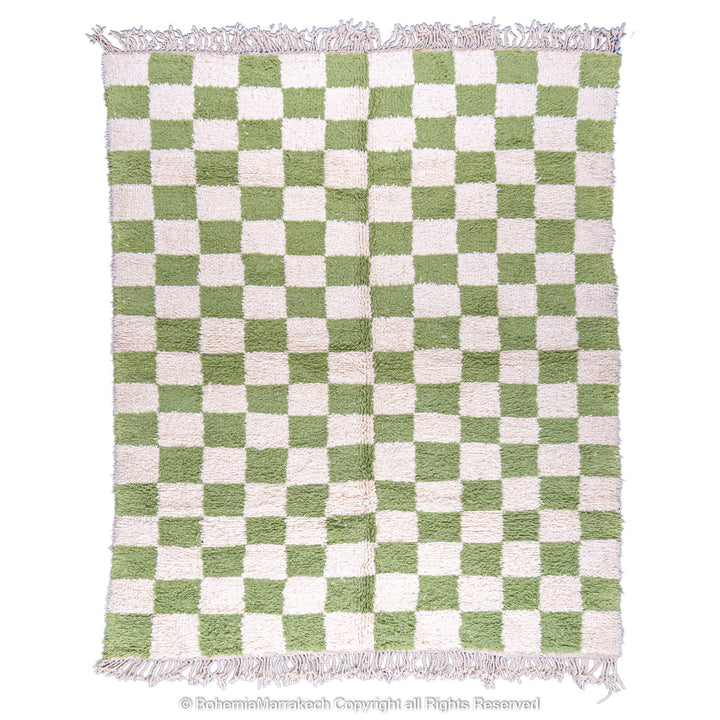 Green and white checkered Moroccan wool rug, handmade by Berber artisans. Perfect for living spaces, blending vintage and modern styles.