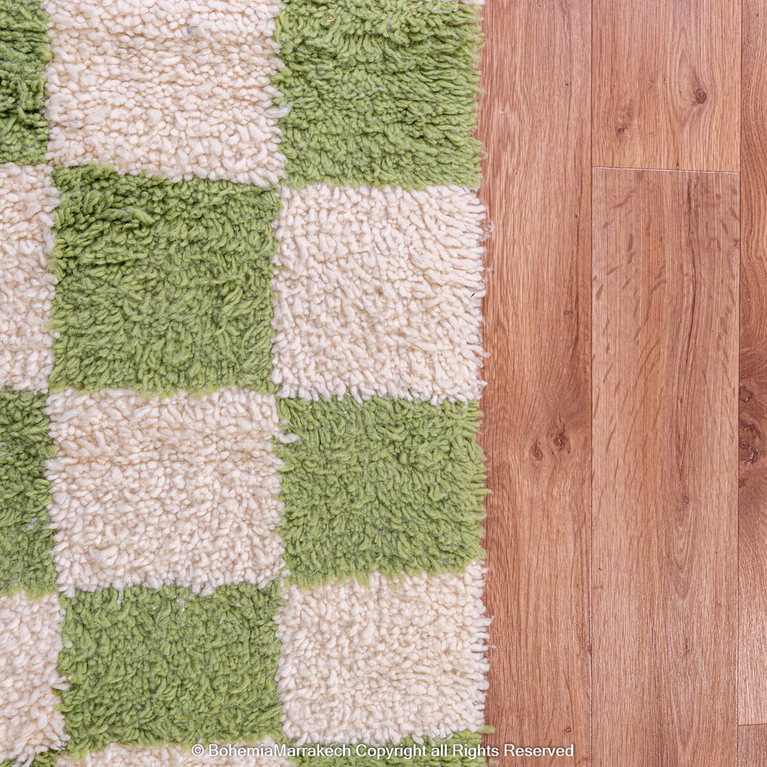 Green white checkered handmade Moroccan wool rug, rugs from Morocco, eco-friendly area rug enhancing living room decor.