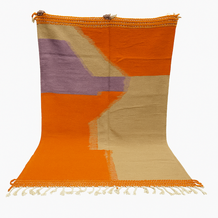 Handwoven Moroccan wool rug in light brown, orange, and purple with geometric modern pattern – natural flatweave Berber carpet