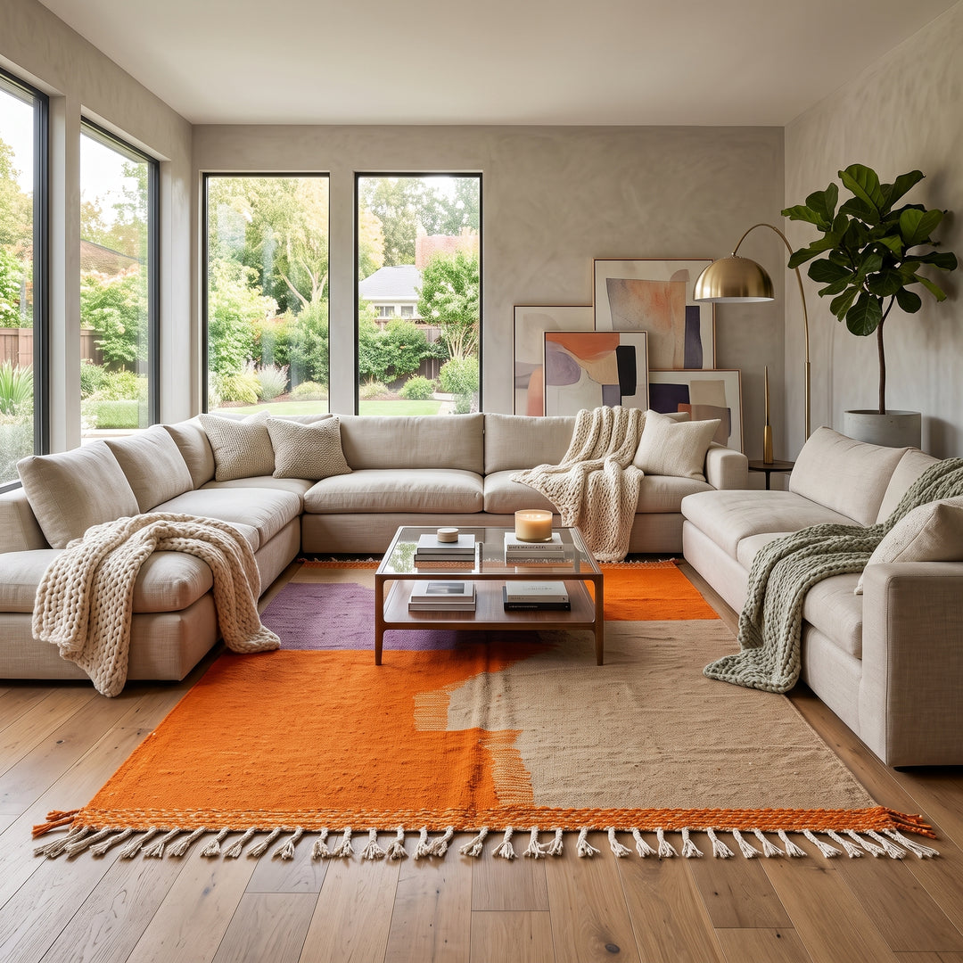Handwoven Moroccan wool rug in light brown, orange, and purple with geometric modern pattern – natural flatweave Berber carpet
