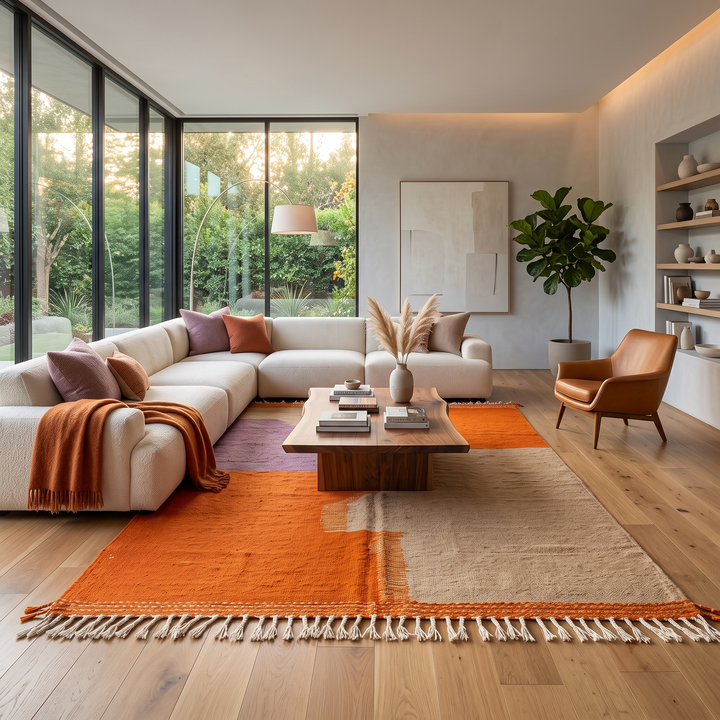 Handwoven Moroccan wool rug in light brown, orange, and purple with geometric modern pattern – natural flatweave Berber carpet