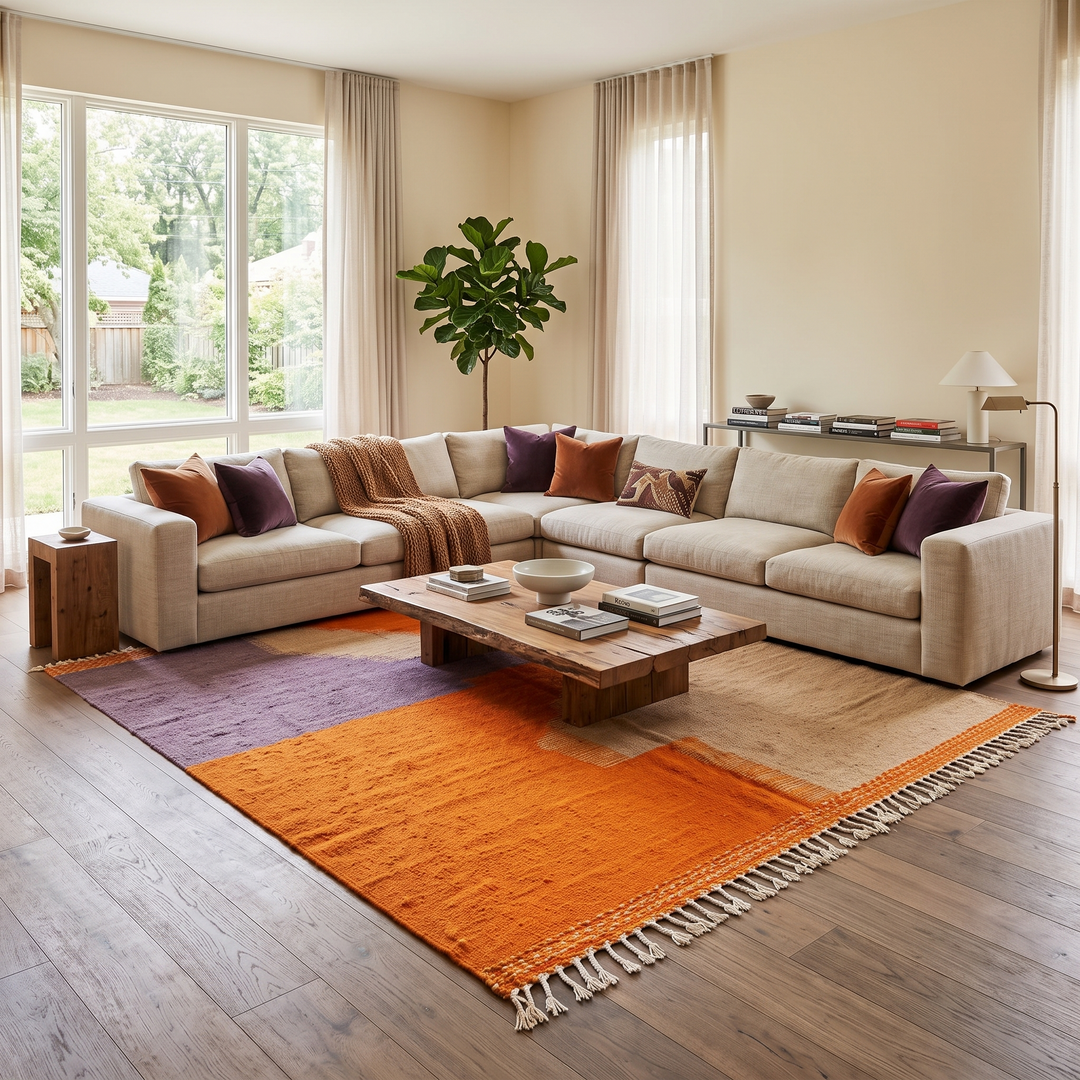 Handwoven Moroccan wool rug in light brown, orange, and purple with geometric modern pattern – natural flatweave Berber carpet