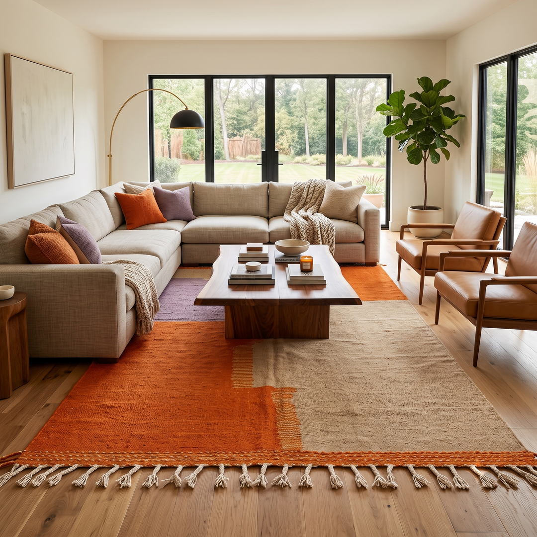 Handwoven Moroccan wool rug in light brown, orange, and purple with geometric modern pattern – natural flatweave Berber carpet