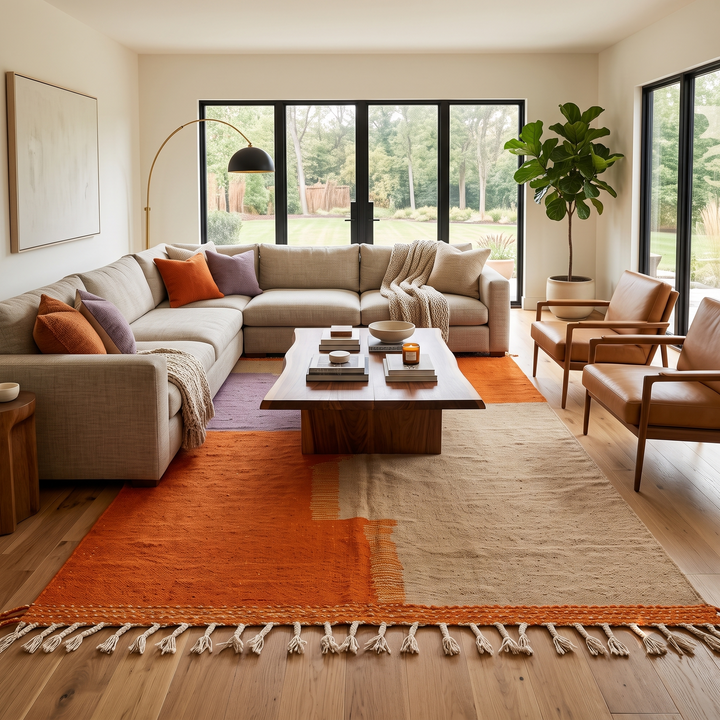 Handwoven Moroccan wool rug in light brown, orange, and purple with geometric modern pattern – natural flatweave Berber carpet