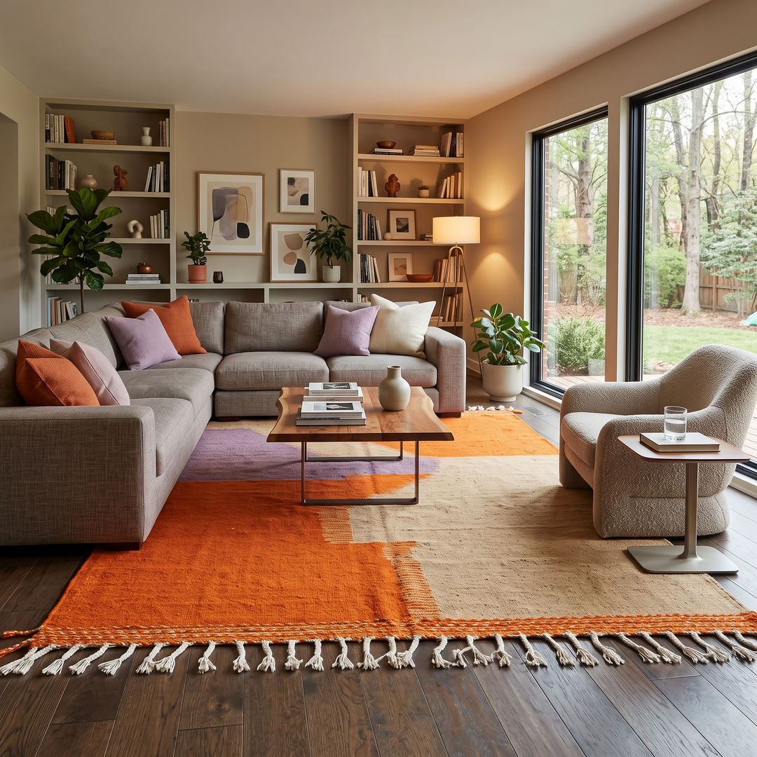 Handwoven Moroccan wool rug in light brown, orange, and purple with geometric modern pattern – natural flatweave Berber carpet
