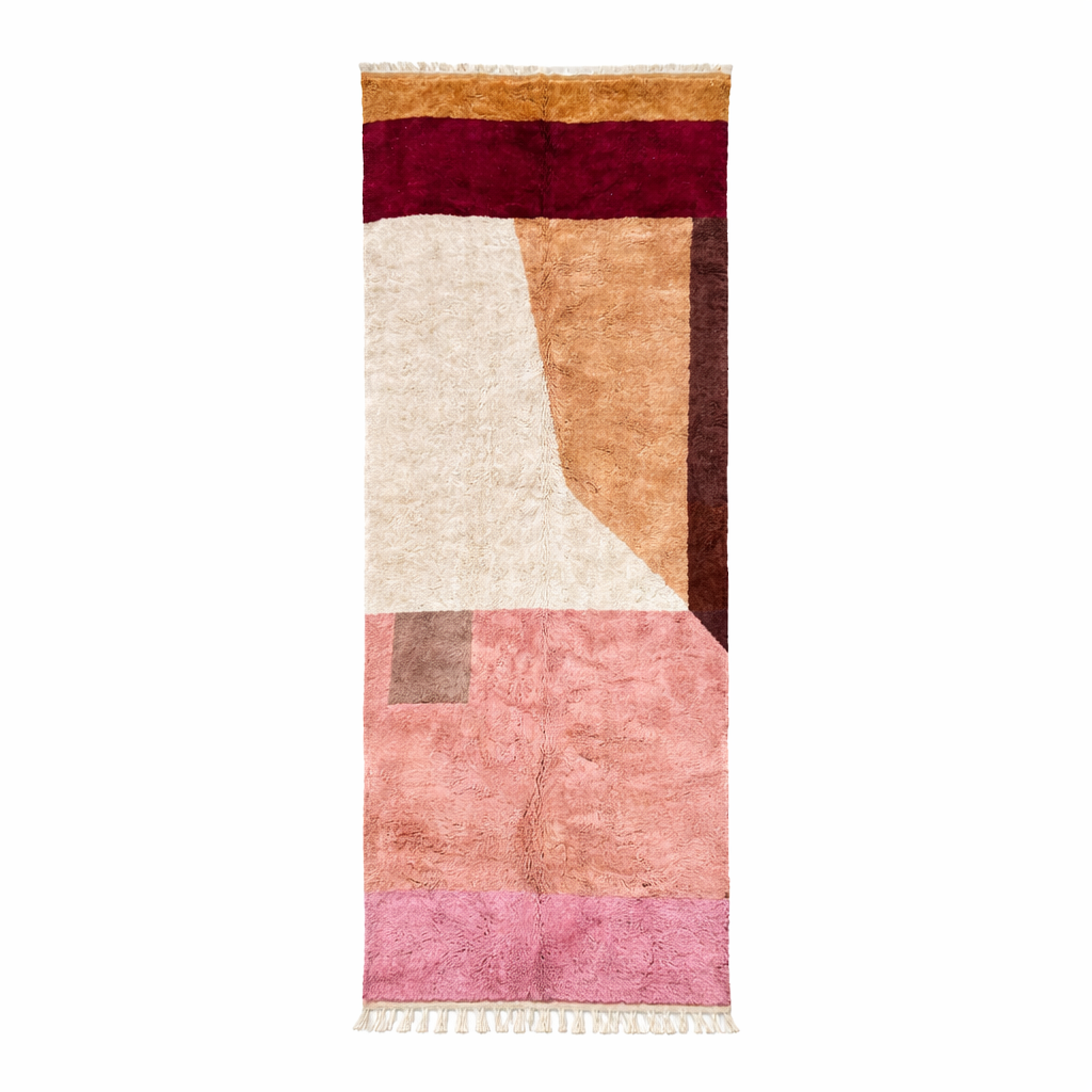 Luxury handmade Moroccan wool runner rug with artistic color block design