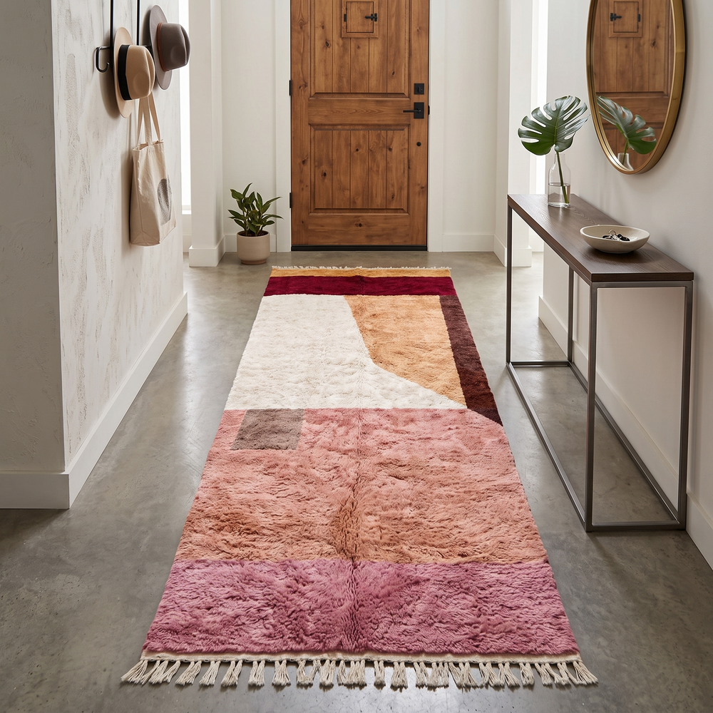 Luxury handmade Moroccan wool runner rug with artistic color block design