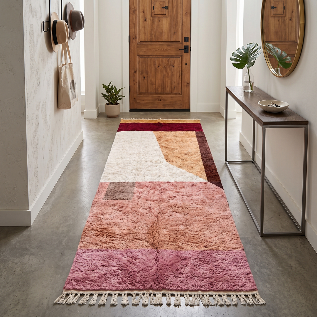 Luxury handmade Moroccan wool runner rug with artistic color block design