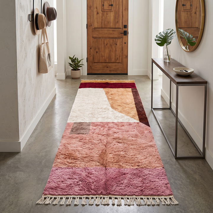 Luxury handmade Moroccan wool runner rug with artistic color block design