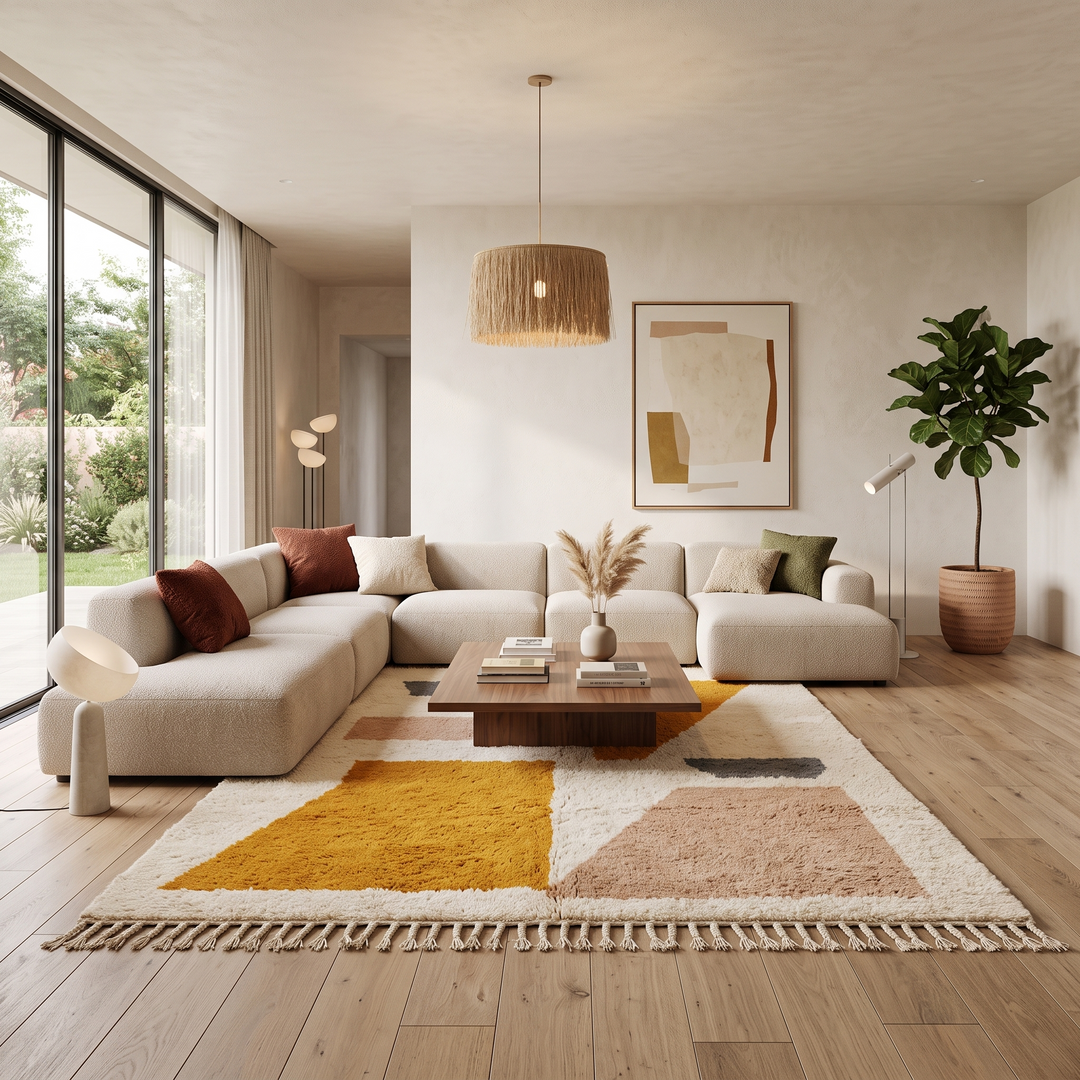 Luxury modern Moroccan wool rug with abstract ochre beige and charcoal color blocks on a cream white background
