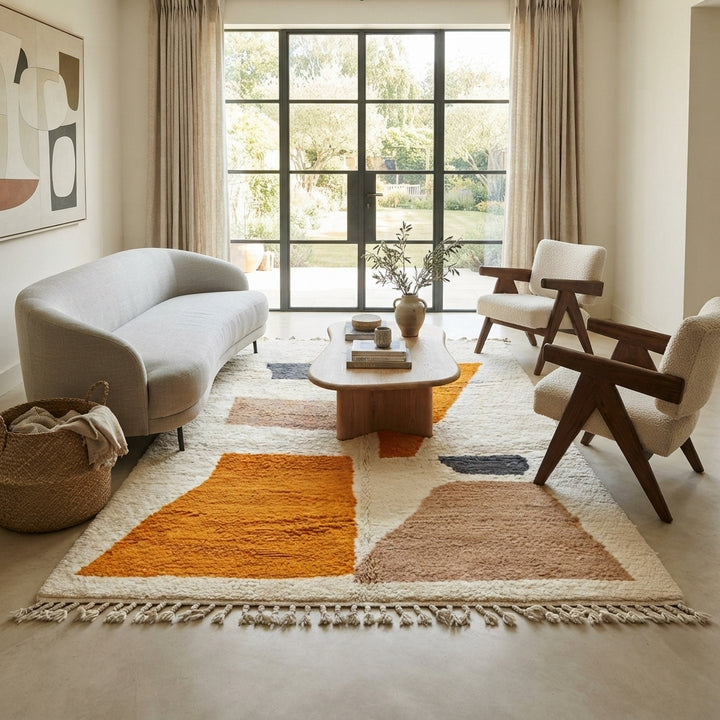 Luxury modern Moroccan wool rug with abstract ochre beige and charcoal color blocks on a cream white background
