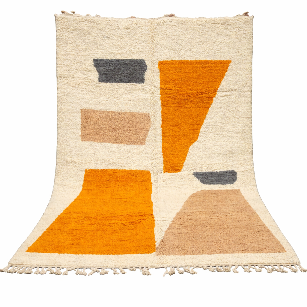 Luxury modern Moroccan wool rug with abstract ochre beige and charcoal color blocks on a cream white background