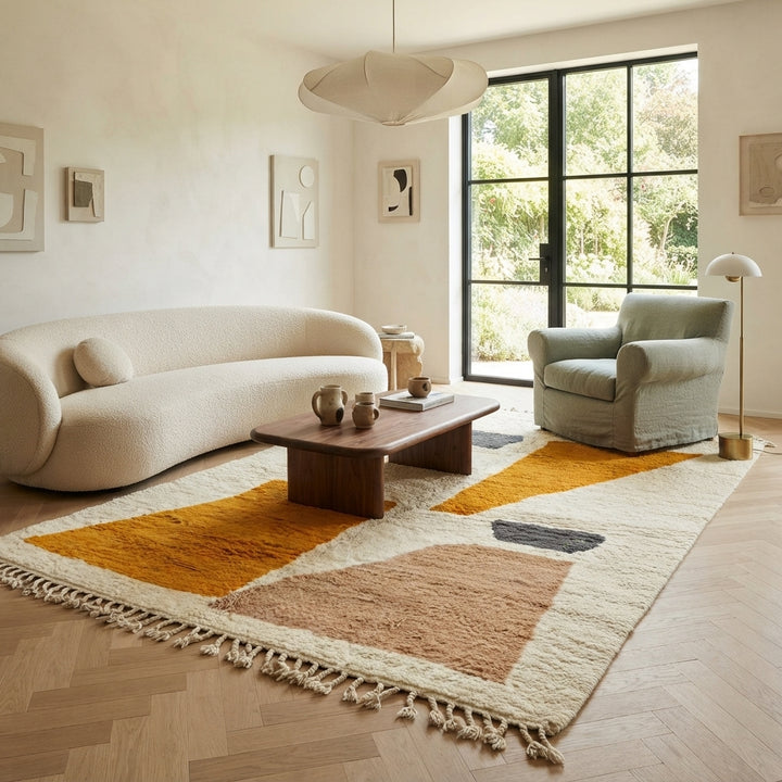Luxury modern Moroccan wool rug with abstract ochre beige and charcoal color blocks on a cream white background

