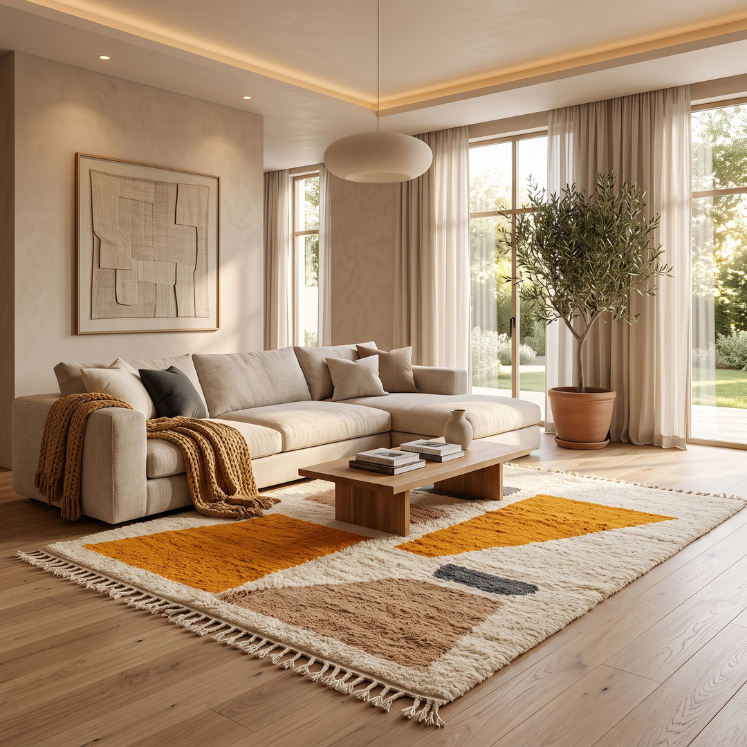 Luxury modern Moroccan wool rug with abstract ochre beige and charcoal color blocks on a cream white background
