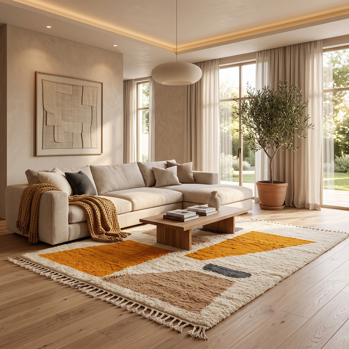 Luxury modern Moroccan wool rug with abstract ochre beige and charcoal color blocks on a cream white background
