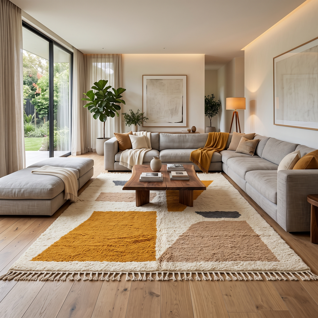 Luxury modern Moroccan wool rug with abstract ochre beige and charcoal color blocks on a cream white background
