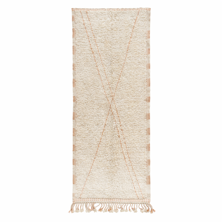Handmade Moroccan wool runner rug in cream with subtle peach geometric lines and fringed end