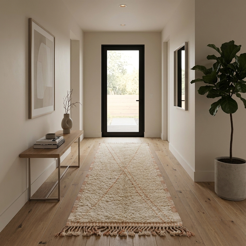 Handmade Moroccan wool runner rug in cream with subtle peach geometric lines and fringed end