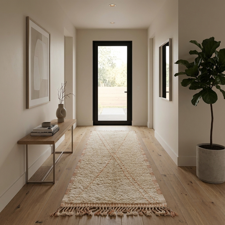 Handmade Moroccan wool runner rug in cream with subtle peach geometric lines and fringed end