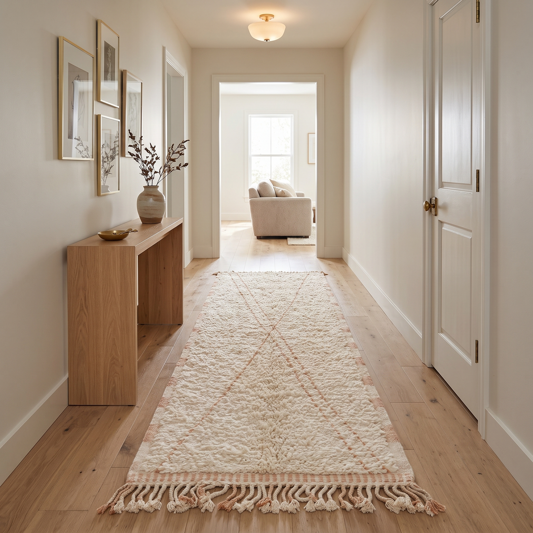 Handmade Moroccan wool runner rug in cream with subtle peach geometric lines and fringed end