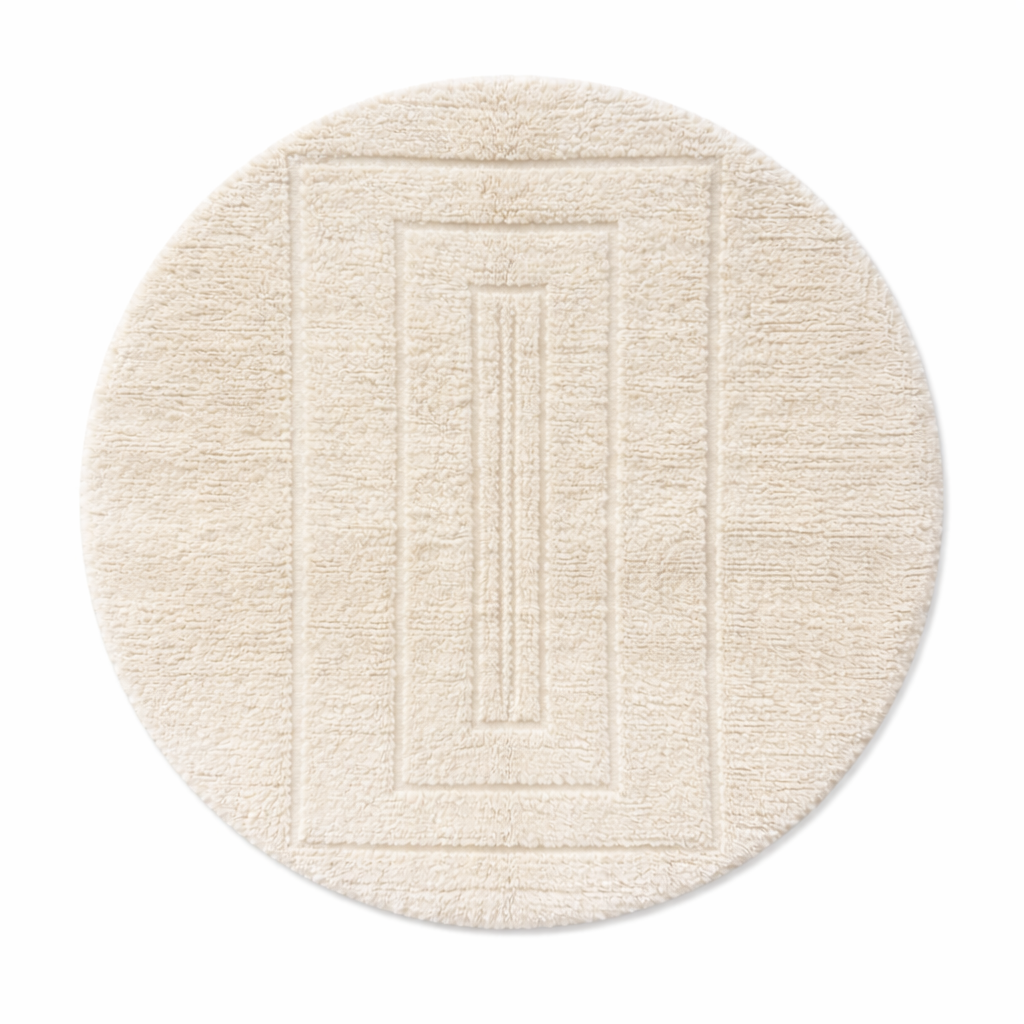Round cream handmade Moroccan wool rug with carved minimalist geometric design on white background
