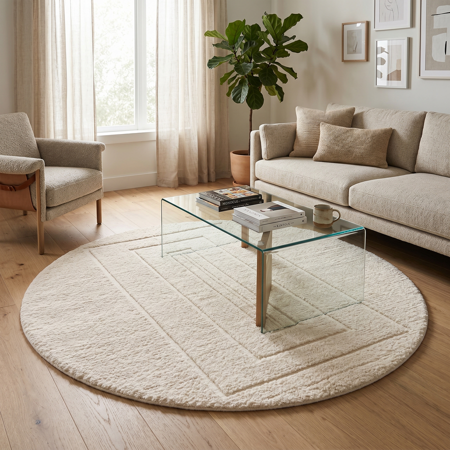 Round cream handmade Moroccan wool rug with carved minimalist geometric design on white background