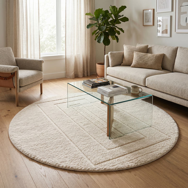 Round cream handmade Moroccan wool rug with carved minimalist geometric design on white background